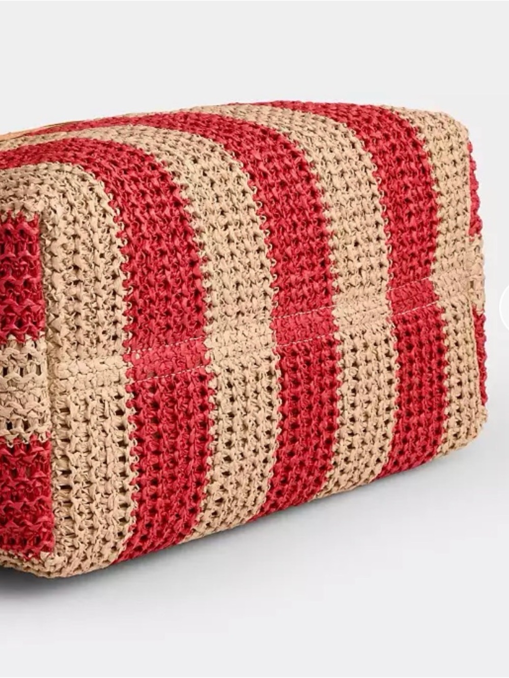Coach Red and Cream Striped Crochet Tote with Pom-Pom Charm straw city tote new - Picture 13 of 14